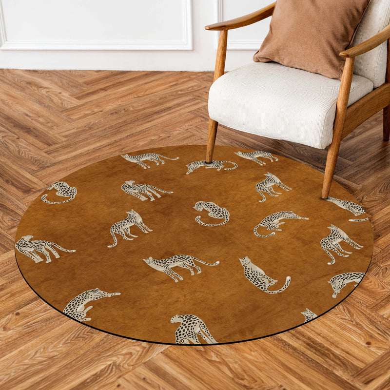 Leopard Pattern Round Area Rug | Safari Animal Print Circular Floor Mat | Brown Wildlife Theme Carpet for Living Room, Bedroom, Reading Corner & Modern Home Decor