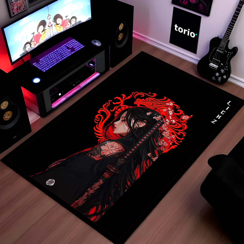Dark Samurai Girl Area Flat Rug | Japanese Anime Aesthetic Floor Rug | Red Dragon Gothic Gaming Room Rug | Modern Japanese Home Décor