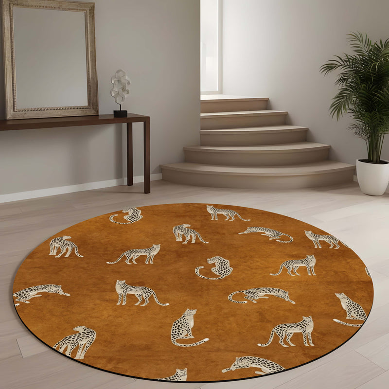 Leopard Pattern Round Area Rug | Safari Animal Print Circular Floor Mat | Brown Wildlife Theme Carpet for Living Room, Bedroom, Reading Corner & Modern Home Decor