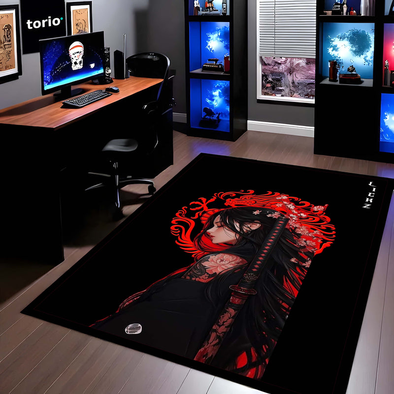 Dark Samurai Girl Area Flat Rug | Japanese Anime Aesthetic Floor Rug | Red Dragon Gothic Gaming Room Rug | Modern Japanese Home Décor