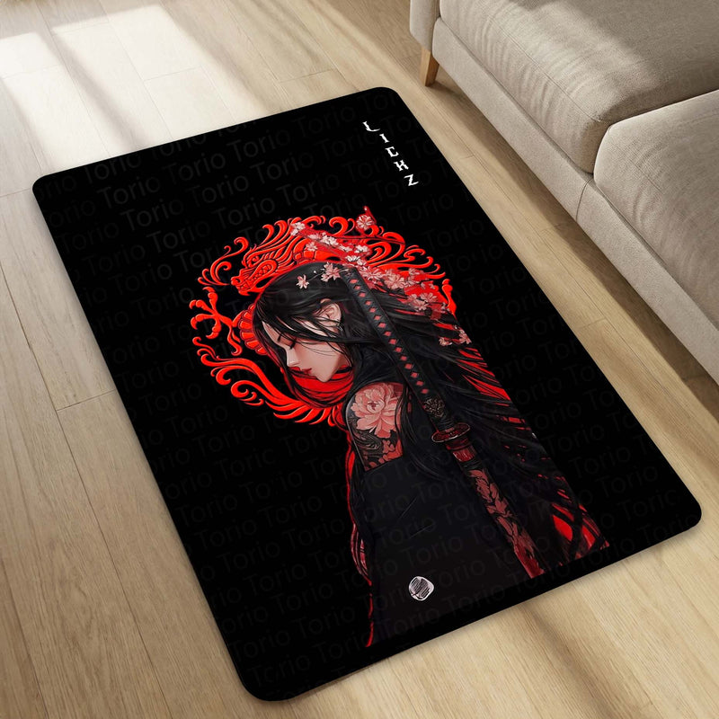 Dark Samurai Girl Area Flat Rug | Japanese Anime Aesthetic Floor Rug | Red Dragon Gothic Gaming Room Rug | Modern Japanese Home Décor