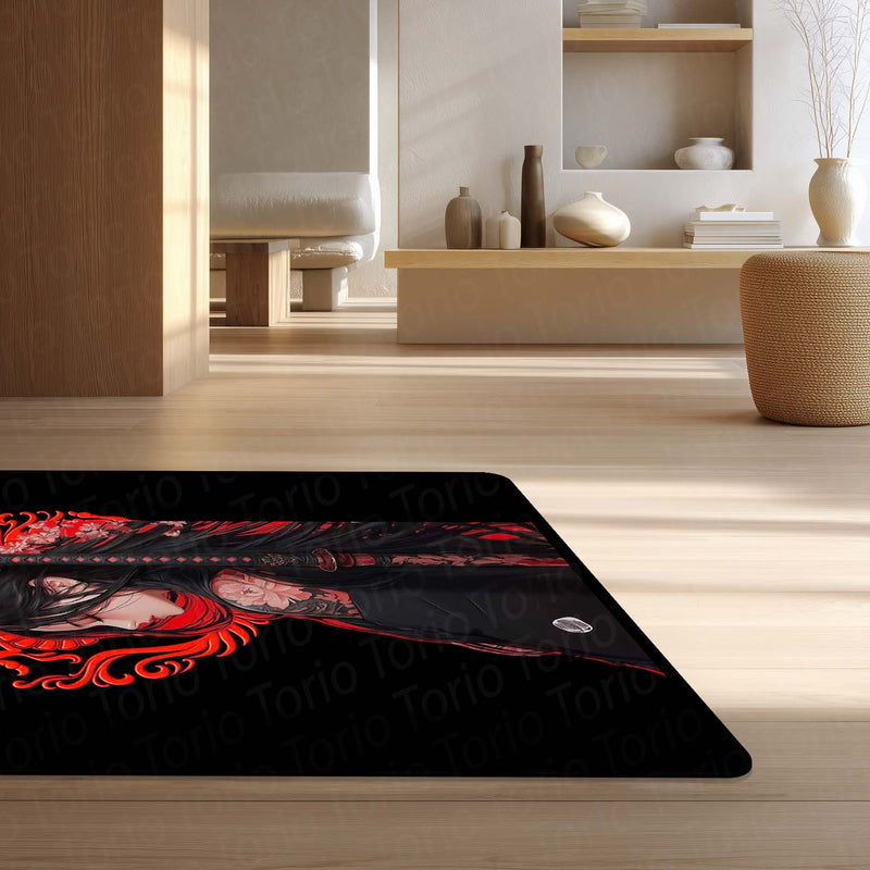 Dark Samurai Girl Area Flat Rug | Japanese Anime Aesthetic Floor Rug | Red Dragon Gothic Gaming Room Rug | Modern Japanese Home Décor