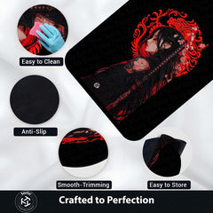 Dark Samurai Girl Area Flat Rug | Japanese Anime Aesthetic Floor Rug | Red Dragon Gothic Gaming Room Rug | Modern Japanese Home Décor