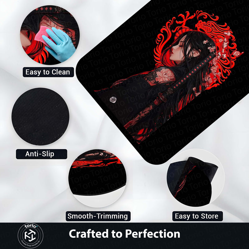 Dark Samurai Girl Area Flat Rug | Japanese Anime Aesthetic Floor Rug | Red Dragon Gothic Gaming Room Rug | Modern Japanese Home Décor