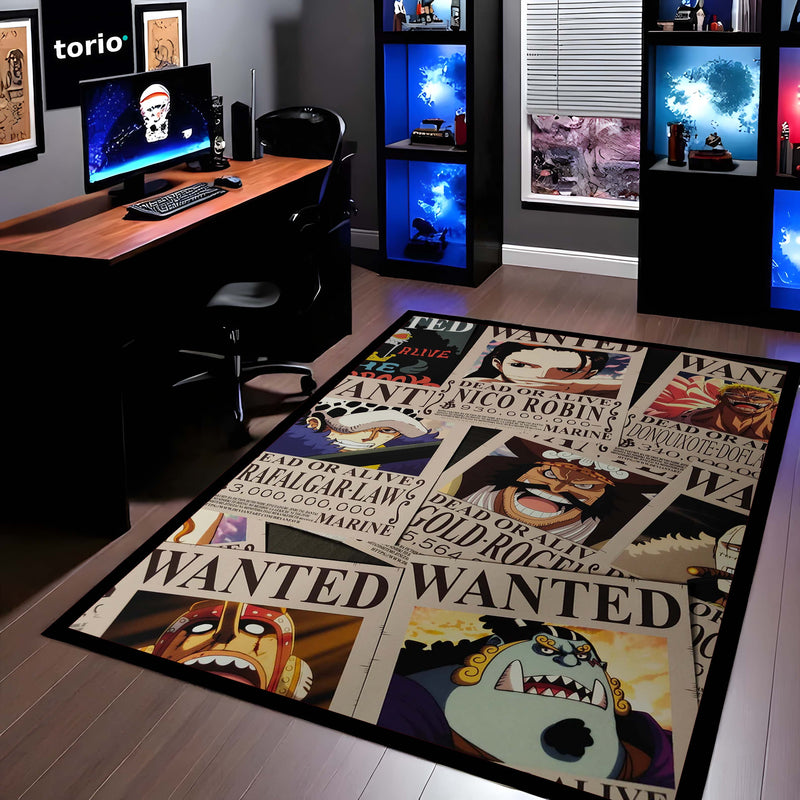 One Piece Wanted Posters Anime Floor Mat | Luffy Zoro Sanji Robin Anime Rug | Anti-Slip 3mm Easy Clean Otaku Floor Mat for Bedroom & Gaming Room