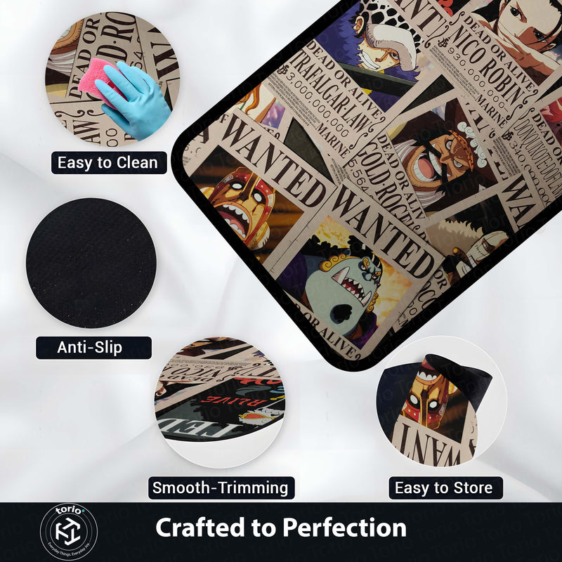 One Piece Wanted Posters Anime Floor Mat | Luffy Zoro Sanji Robin Anime Rug | Anti-Slip 3mm Easy Clean Otaku Floor Mat for Bedroom & Gaming Room