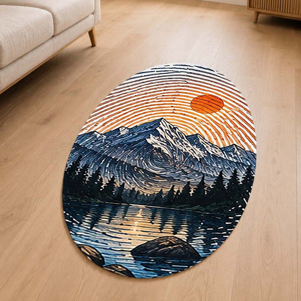 Mountain Lake Fingerprint Shape Flat Rug | Vintage Sunset Landscape Oval Area Rug | Nature Inspired Scenic Floor Mat for Bedroom, Living Room & Cabin Decor