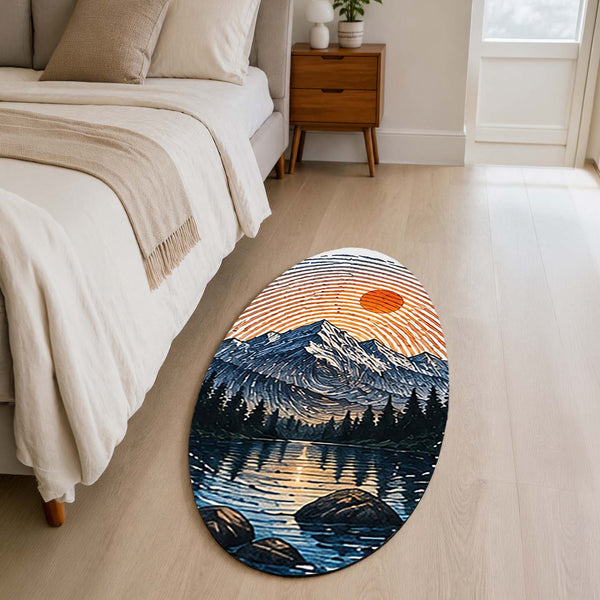 Mountain Lake Fingerprint Shape Flat Rug | Vintage Sunset Landscape Oval Area Rug | Nature Inspired Scenic Floor Mat for Bedroom, Living Room & Cabin Decor