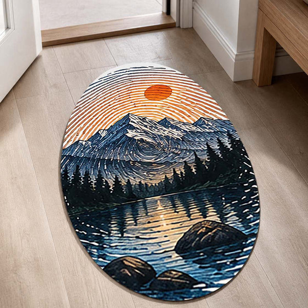 Mountain Lake Fingerprint Shape Flat Rug | Vintage Sunset Landscape Oval Area Rug | Nature Inspired Scenic Floor Mat for Bedroom, Living Room & Cabin Decor