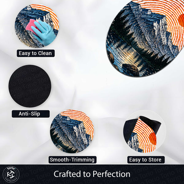 Mountain Lake Fingerprint Shape Flat Rug | Vintage Sunset Landscape Oval Area Rug | Nature Inspired Scenic Floor Mat for Bedroom, Living Room & Cabin Decor