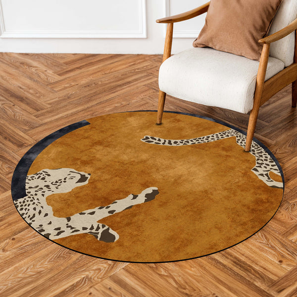 Leopard Border Round Area Rug | Safari Wildlife Circular Floor Mat | Premium Brown Animal Print Carpet for Living Room, Bedroom, Reading Corner & Modern Home Decor