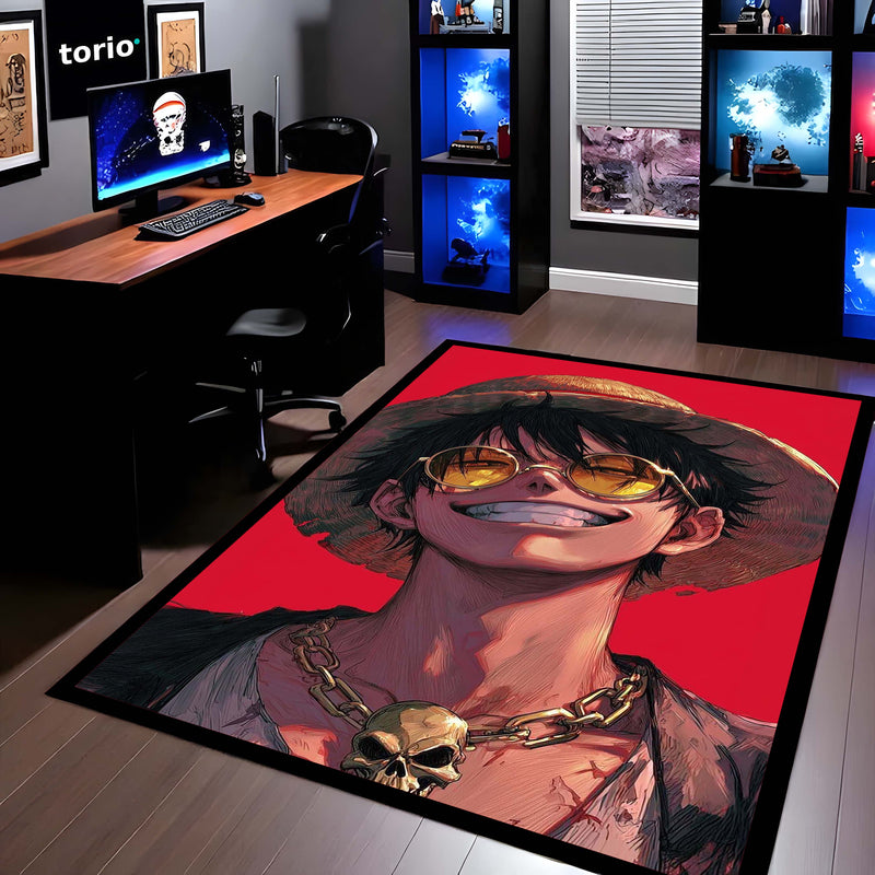 Monkey D. Luffy One Piece Area Flat Rug | Smiling Straw Hat Pirate Anime Area Flat Rug | Premium Anime Bedroom & Gaming Room Floor Decor
