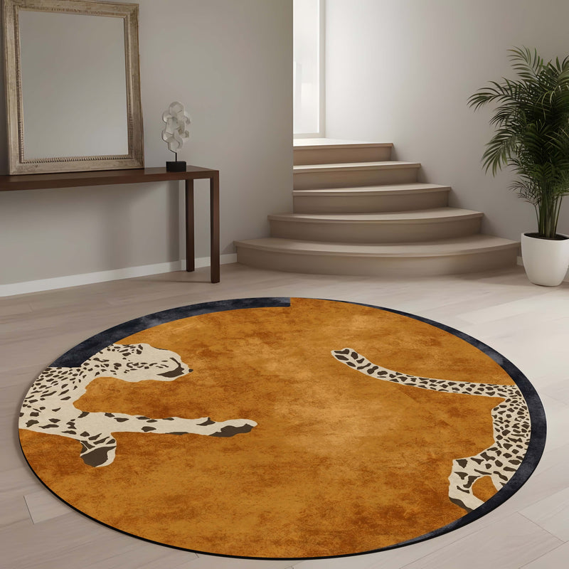 Leopard Border Round Area Rug | Safari Wildlife Circular Floor Mat | Premium Brown Animal Print Carpet for Living Room, Bedroom, Reading Corner & Modern Home Decor