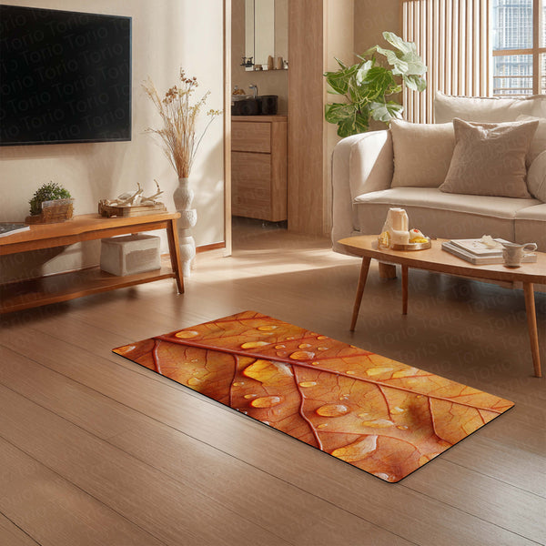 Autumn Leaf Macro Floor Mat (3 mm Thick) | Nature-Inspired Bedroom & Bedside Runner with Water Droplet Design