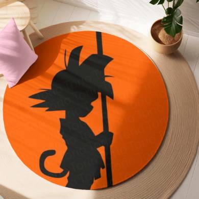 Son Goku Anime Circular Floor Mat (3 mm Thick) | Dragon Ball Goku Silhouette Round Rug with Power Staff Design for Gaming Room, Bedroom & Anime Decor | TORIO