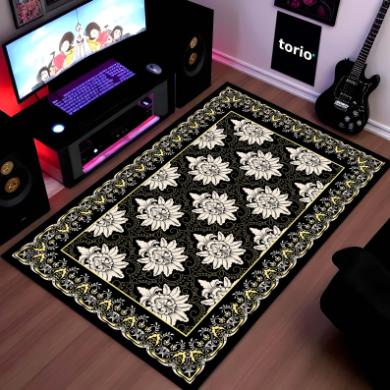 Black Floral Traditional Pattern Floor Mat (3 mm Thick) | Elegant Vintage Style Area Rug for Living Room, Bedroom & Home Decor