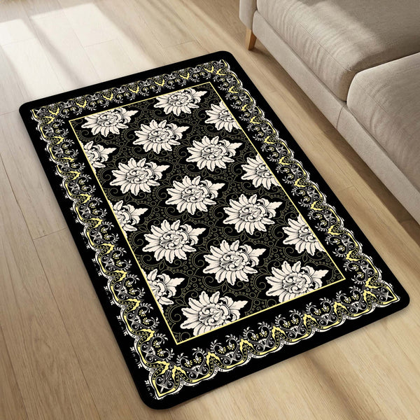 Black Floral Traditional Pattern Floor Mat (3 mm Thick) | Elegant Vintage Style Area Rug for Living Room, Bedroom & Home Decor