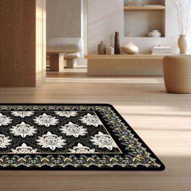 Black Floral Traditional Pattern Floor Mat (3 mm Thick) | Elegant Vintage Style Area Rug for Living Room, Bedroom & Home Decor