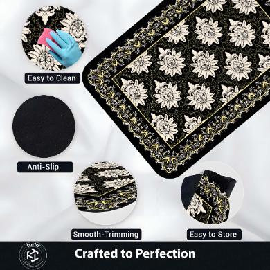 Black Floral Traditional Pattern Floor Mat (3 mm Thick) | Elegant Vintage Style Area Rug for Living Room, Bedroom & Home Decor