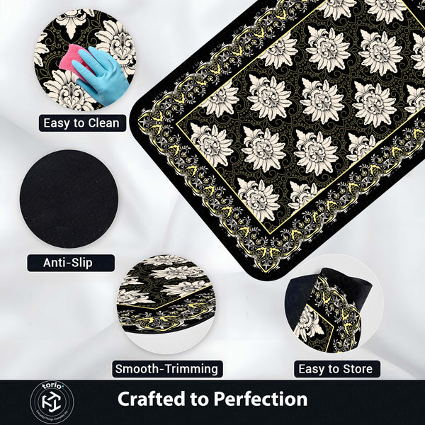 Black Floral Traditional Pattern Floor Mat (3 mm Thick) | Elegant Vintage Style Area Rug for Living Room, Bedroom & Home Decor