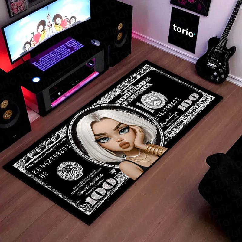 Black Dollar Queen Bedside Runner (3 mm Thick) | Luxury Money Aesthetic Bedroom Floor Mat for Modern Room Decor