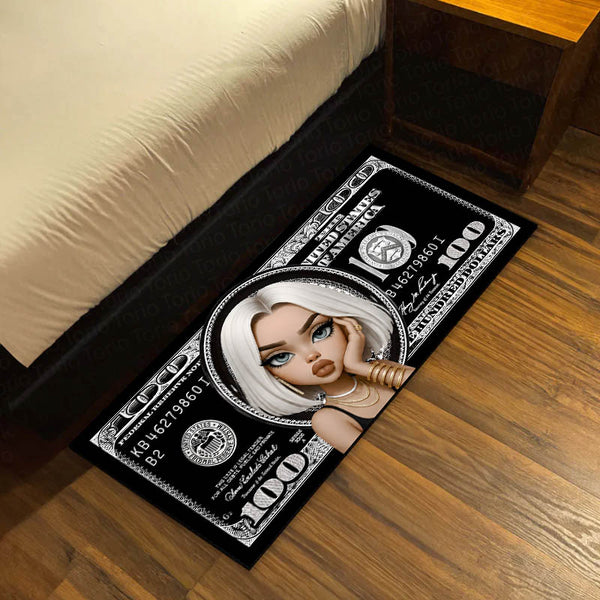 Black Dollar Queen Bedside Runner (3 mm Thick) | Luxury Money Aesthetic Bedroom Floor Mat for Modern Room Decor
