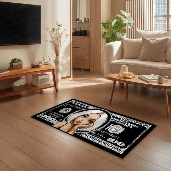 Black Dollar Queen Bedside Runner (3 mm Thick) | Luxury Money Aesthetic Bedroom Floor Mat for Modern Room Decor
