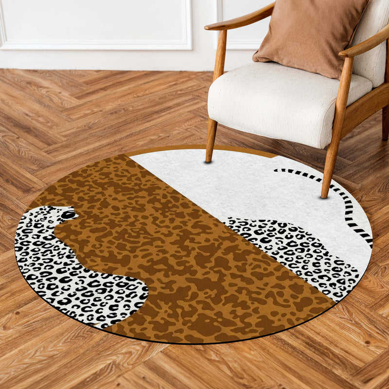 Abstract Leopard Round Area Rug | Modern Animal Print Circular Floor Mat | Brown & Ivory Safari Accent Carpet for Living Room, Bedroom, Reading Corner & Contemporary Home Decor