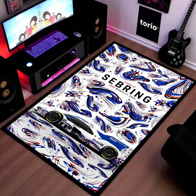 Porsche 963 Sebring 12 Hours Flat Rug | Endurance Racing Motorsport Area Rug | Premium Anti-Slip Flat Rug