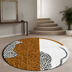 Abstract Leopard Round Area Rug | Modern Animal Print Circular Floor Mat | Brown & Ivory Safari Accent Carpet for Living Room, Bedroom, Reading Corner & Contemporary Home Decor