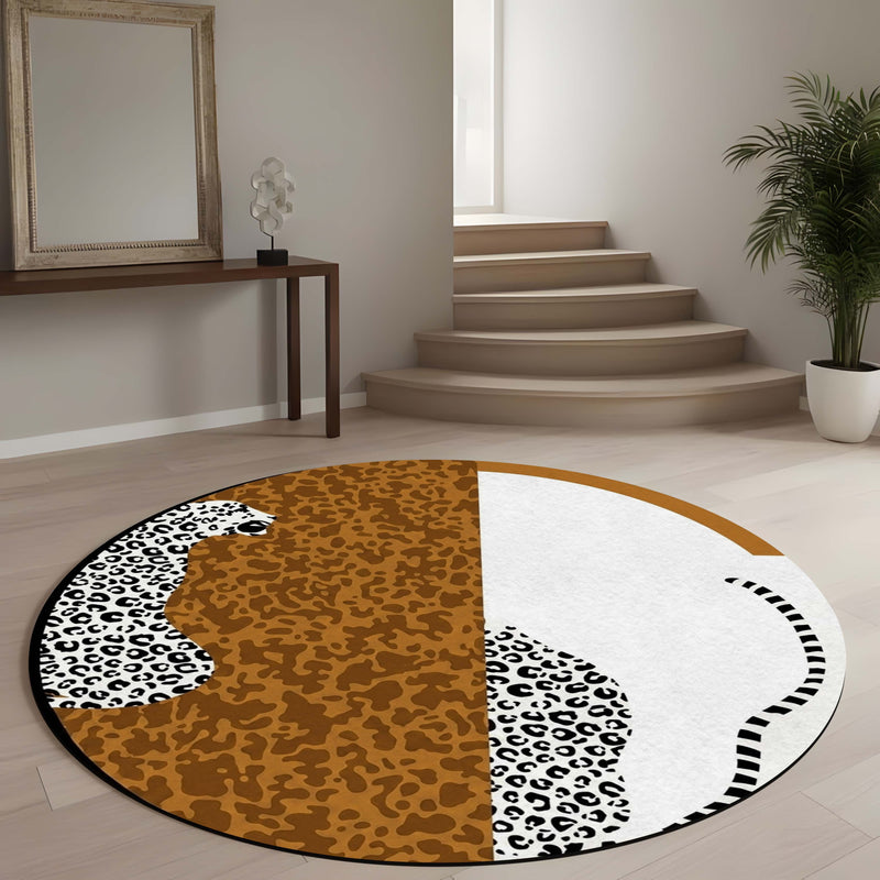 Abstract Leopard Round Area Rug | Modern Animal Print Circular Floor Mat | Brown & Ivory Safari Accent Carpet for Living Room, Bedroom, Reading Corner & Contemporary Home Decor
