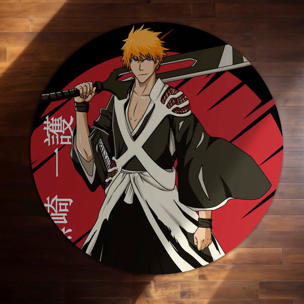 Ichigo Kurosaki Bleach Circular Floor Mat (3 mm Thick) | Anti-Slip Printed Round Anime Floor Rug for Bedroom, Gaming Room & Otaku Decor | TORIO