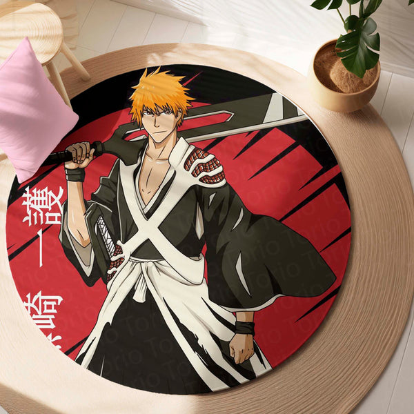 Ichigo Kurosaki Bleach Circular Floor Mat (3 mm Thick) | Anti-Slip Printed Round Anime Floor Rug for Bedroom, Gaming Room & Otaku Decor | TORIO