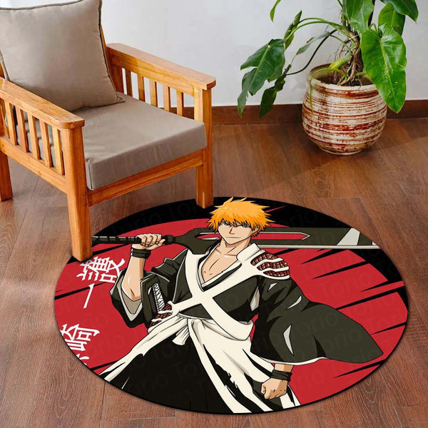 Ichigo Kurosaki Bleach Circular Floor Mat (3 mm Thick) | Anti-Slip Printed Round Anime Floor Rug for Bedroom, Gaming Room & Otaku Decor | TORIO