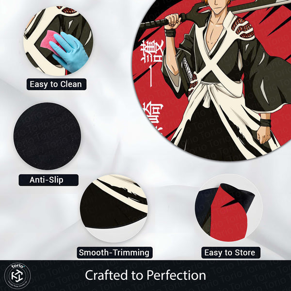 Ichigo Kurosaki Bleach Circular Floor Mat (3 mm Thick) | Anti-Slip Printed Round Anime Floor Rug for Bedroom, Gaming Room & Otaku Decor | TORIO