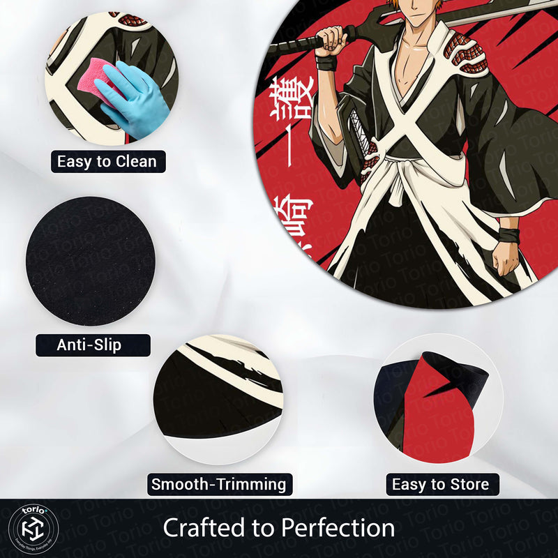 Ichigo Kurosaki Bleach Circular Floor Mat (3 mm Thick) | Anti-Slip Printed Round Anime Floor Rug for Bedroom, Gaming Room & Otaku Decor | TORIO