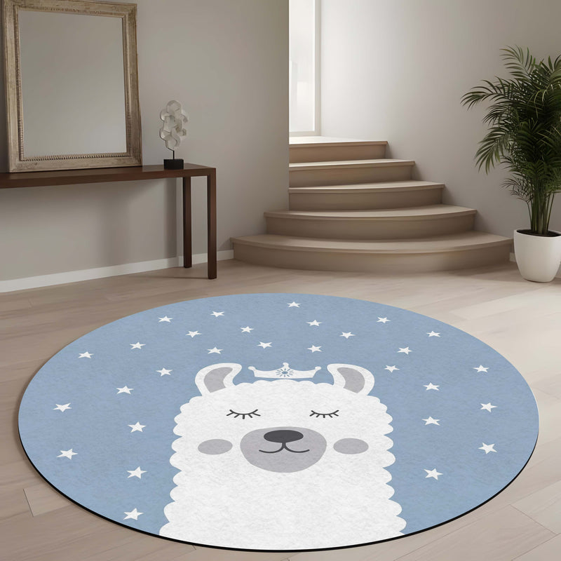 Cute Llama Round Area Rug | Kawaii Alpaca Floor Mat | Cartoon Animal Circular Rug for Kids Room, Nursery, Bedroom & Modern Home Decor