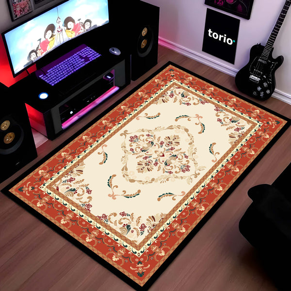 Classic Cream & Rust Floral Vintage Floor Mat (3 mm Thick) | Traditional Royal Pattern Area Mat for Living Room, Bedroom & Elegant Home Decor