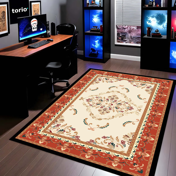 Classic Cream & Rust Floral Vintage Floor Mat (3 mm Thick) | Traditional Royal Pattern Area Mat for Living Room, Bedroom & Elegant Home Decor
