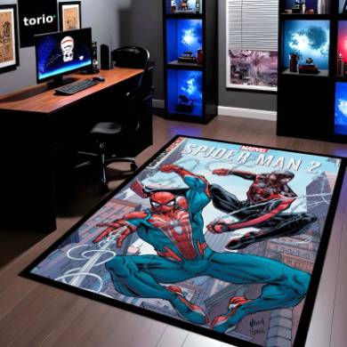Marvel Spider-Man & Miles Morales Floor Mat | Peter Parker vs Miles Morales Comic Art Rug | Anti-Slip 3mm Absorbent Superhero Floor Mat for Gaming Room & Bedroom