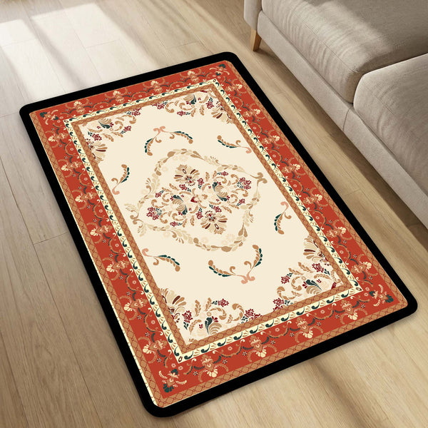 Classic Cream & Rust Floral Vintage Floor Mat (3 mm Thick) | Traditional Royal Pattern Area Mat for Living Room, Bedroom & Elegant Home Decor