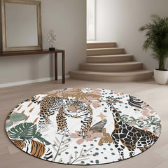 Safari Animal Round Area Rug | Leopard & Giraffe Wildlife Floor Mat | Jungle Botanical Round Rug for Living Room, Kids Room, Nursery & Nature Inspired Home Decor