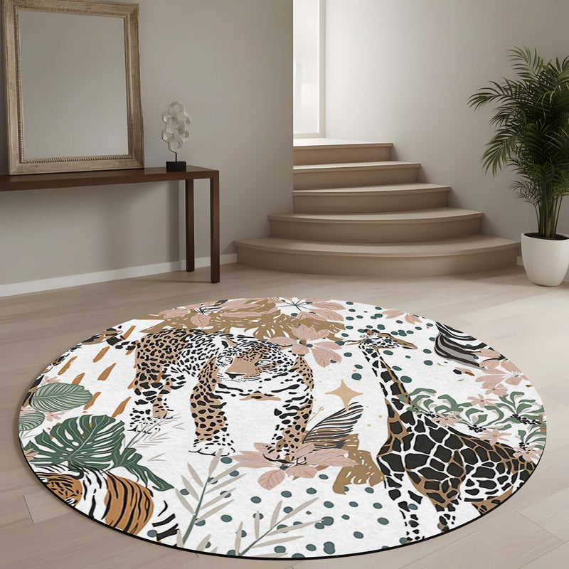 Safari Animal Round Area Rug | Leopard & Giraffe Wildlife Floor Mat | Jungle Botanical Round Rug for Living Room, Kids Room, Nursery & Nature Inspired Home Decor