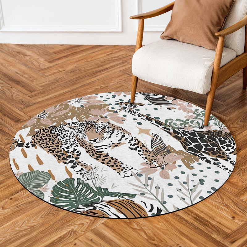 Safari Animal Round Area Rug | Leopard & Giraffe Wildlife Floor Mat | Jungle Botanical Round Rug for Living Room, Kids Room, Nursery & Nature Inspired Home Decor