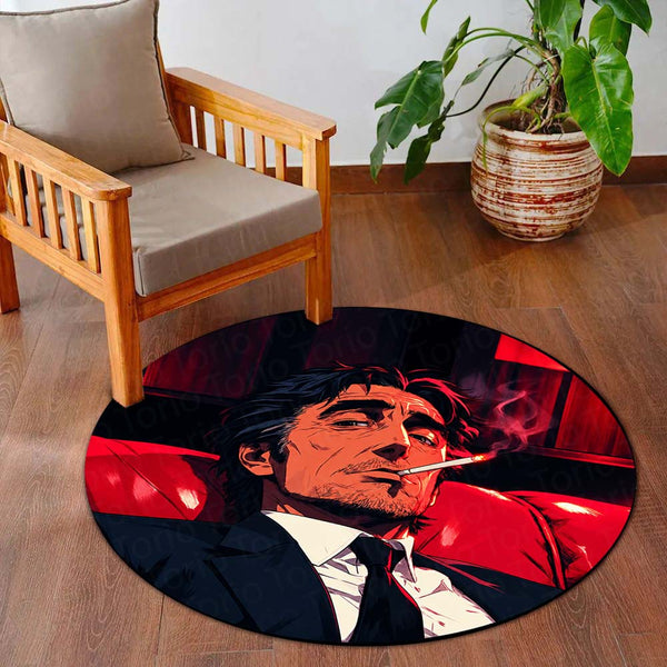 Smoking Gentleman Red & Black Rounded Flat Rug | Vintage Mafia Style Round Floor Rug | Premium Anti-Slip Rug