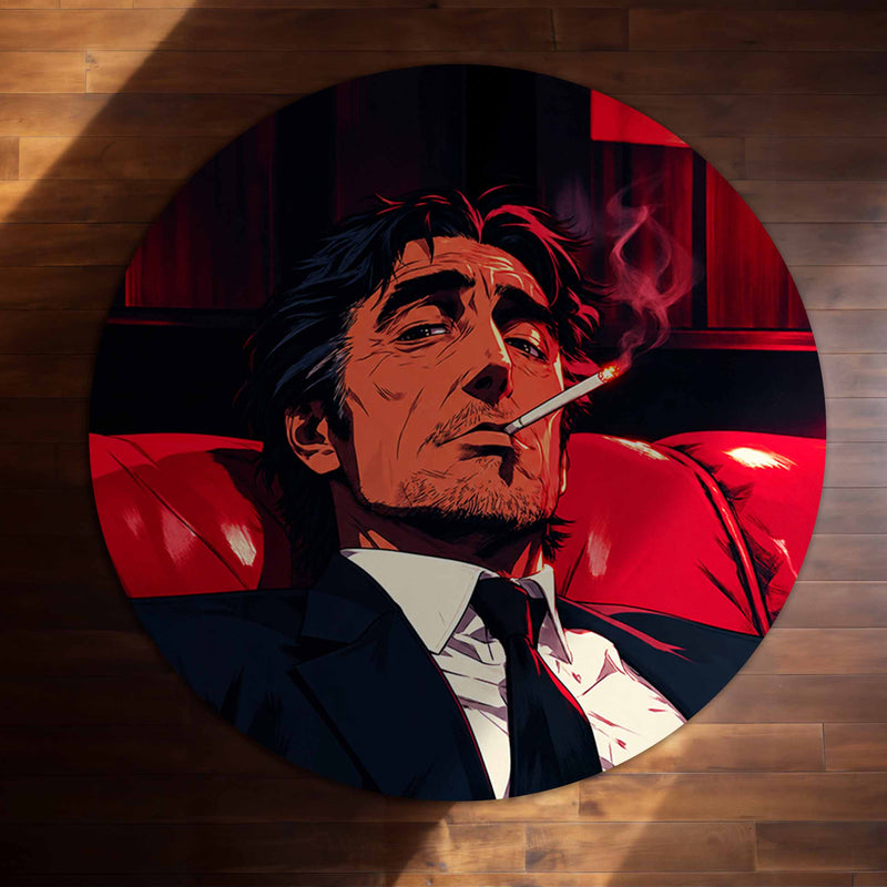 Smoking Gentleman Red & Black Rounded Flat Rug | Vintage Mafia Style Round Floor Rug | Premium Anti-Slip Rug