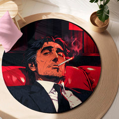 Smoking Gentleman Red & Black Rounded Flat Rug | Vintage Mafia Style Round Floor Rug | Premium Anti-Slip Rug