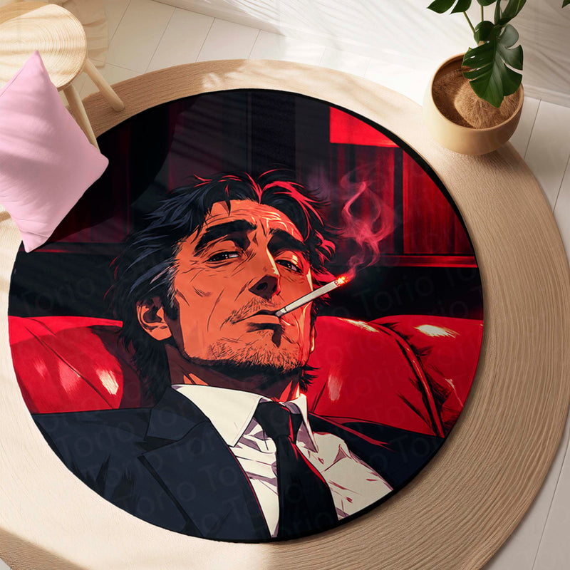 Smoking Gentleman Red & Black Rounded Flat Rug | Vintage Mafia Style Round Floor Rug | Premium Anti-Slip Rug