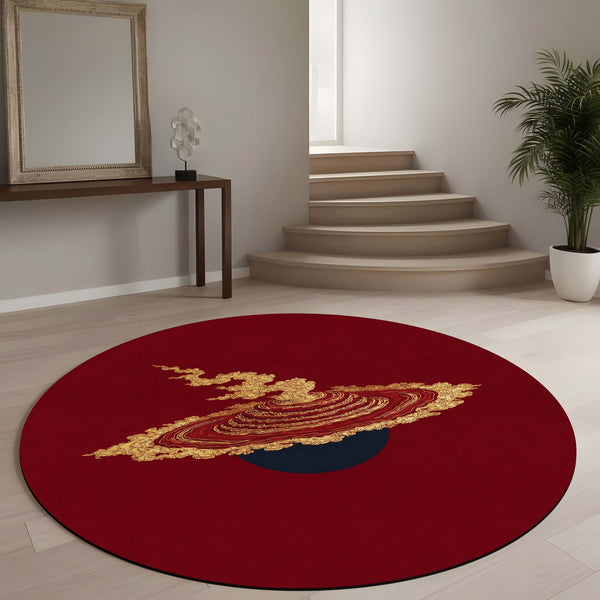 Japanese Abstract Round Area Rug | Minimalist Red & Gold Circular Floor Mat | Modern Oriental Art Round Rug for Living Room, Bedroom, Reading Corner & Contemporary Home Decor