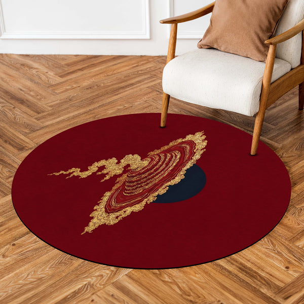 Japanese Abstract Round Area Rug | Minimalist Red & Gold Circular Floor Mat | Modern Oriental Art Round Rug for Living Room, Bedroom, Reading Corner & Contemporary Home Decor